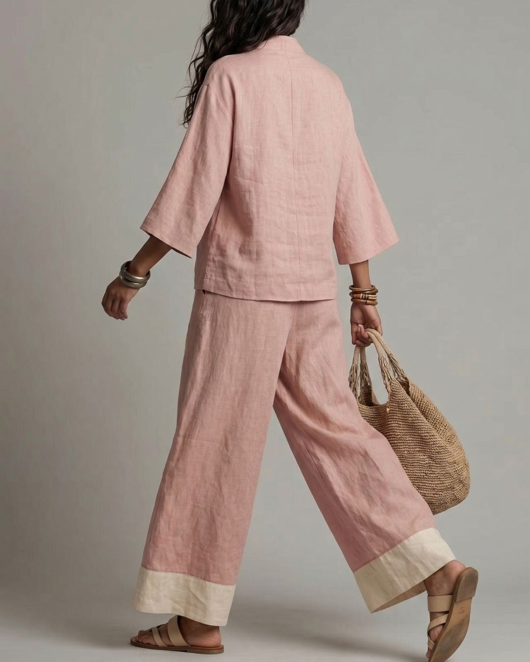 Pink V-neck Shirt And Color-blocked Wide-leg Pants Suit