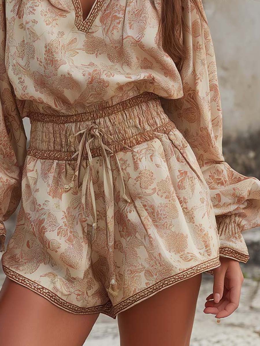 V-Neck Botanical Print Waist-Cinching Short Romper