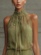 Green Floral Tie-Waist Chiffon Mini Dress