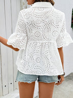 Women's White Short-Sleeve Shirt with Openwork Embroidery