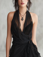 Black Halter Neck Lace Ruffled Mini Dress