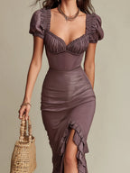 Retro Heart-Neck Midi Dress with Ruffled Hem