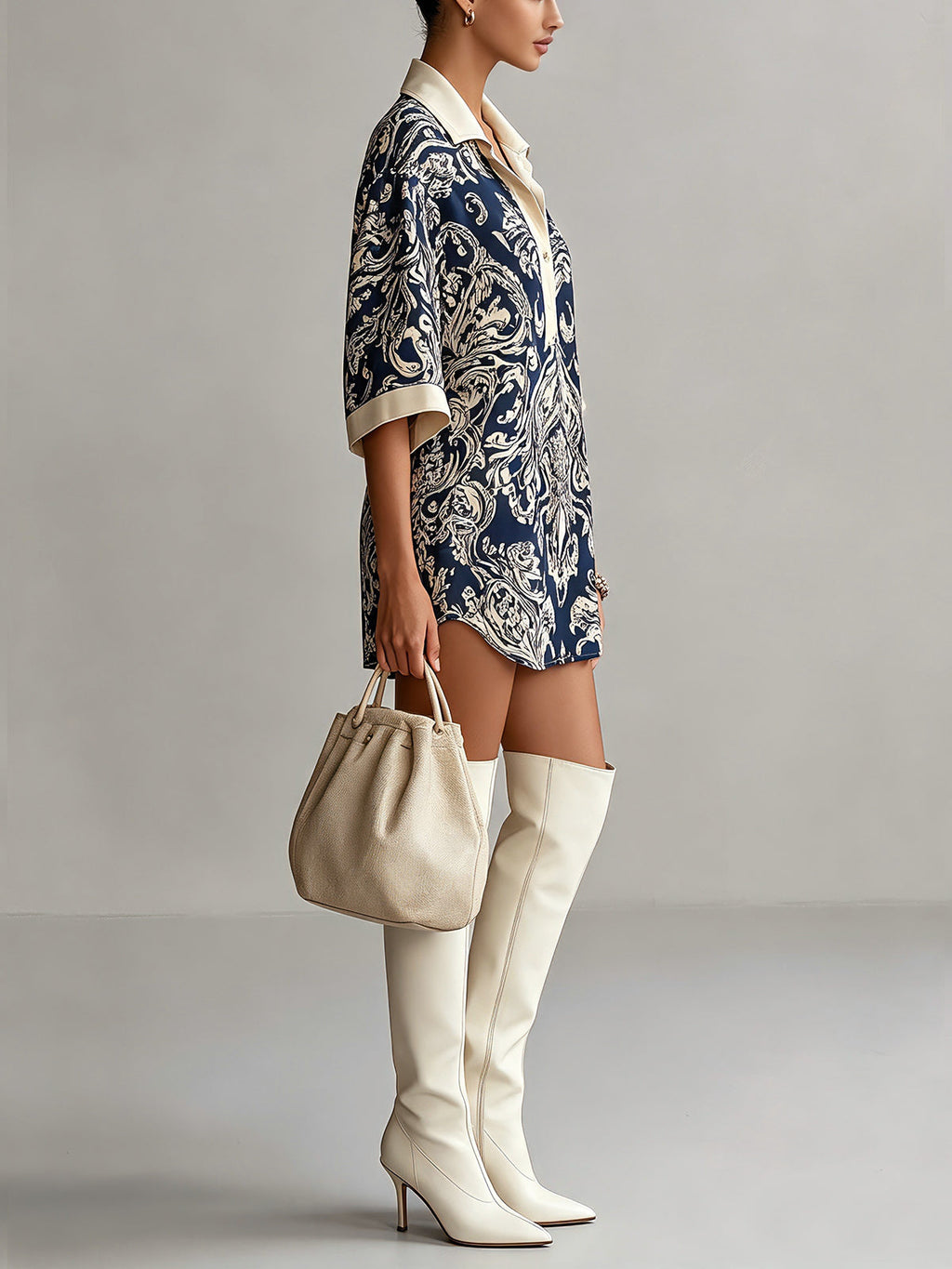 Elegant navy Baroque-print collared mini dress