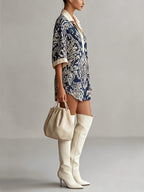 Elegant navy Baroque-print collared mini dress