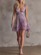 Retro Purple Floral Ruffled Chiffon Mini Dress