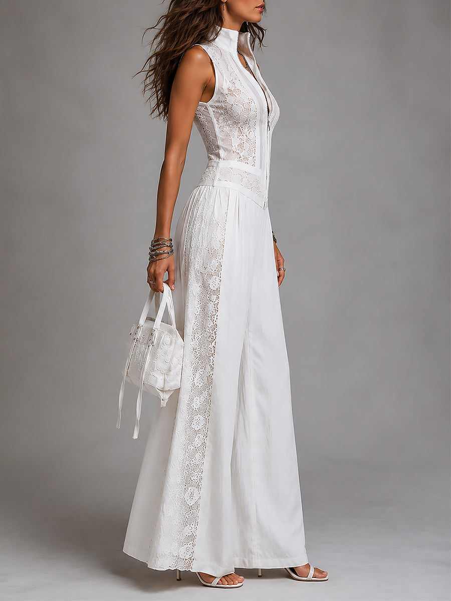 Vintage stand-collar wide-leg jumpsuit with lace paneling