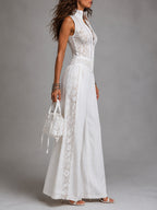 Vintage stand-collar wide-leg jumpsuit with lace paneling