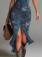 Blue Oil Painting Floral Print Midi Dress With Lace Trim