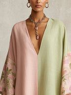 Green and Pink Color-Block Floral-Trim Midi Dress