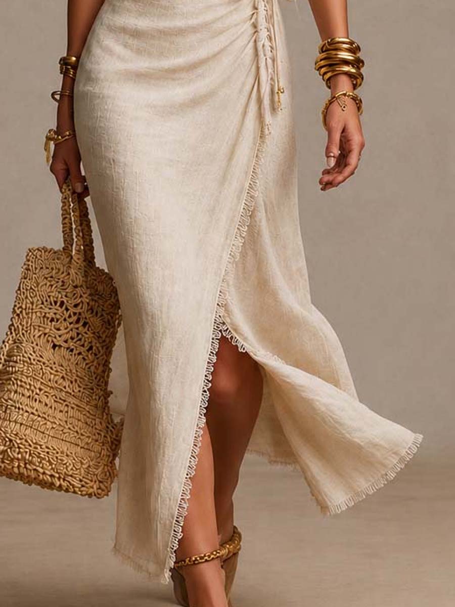 Beige faux-linen wrap maxi dress with lace trim