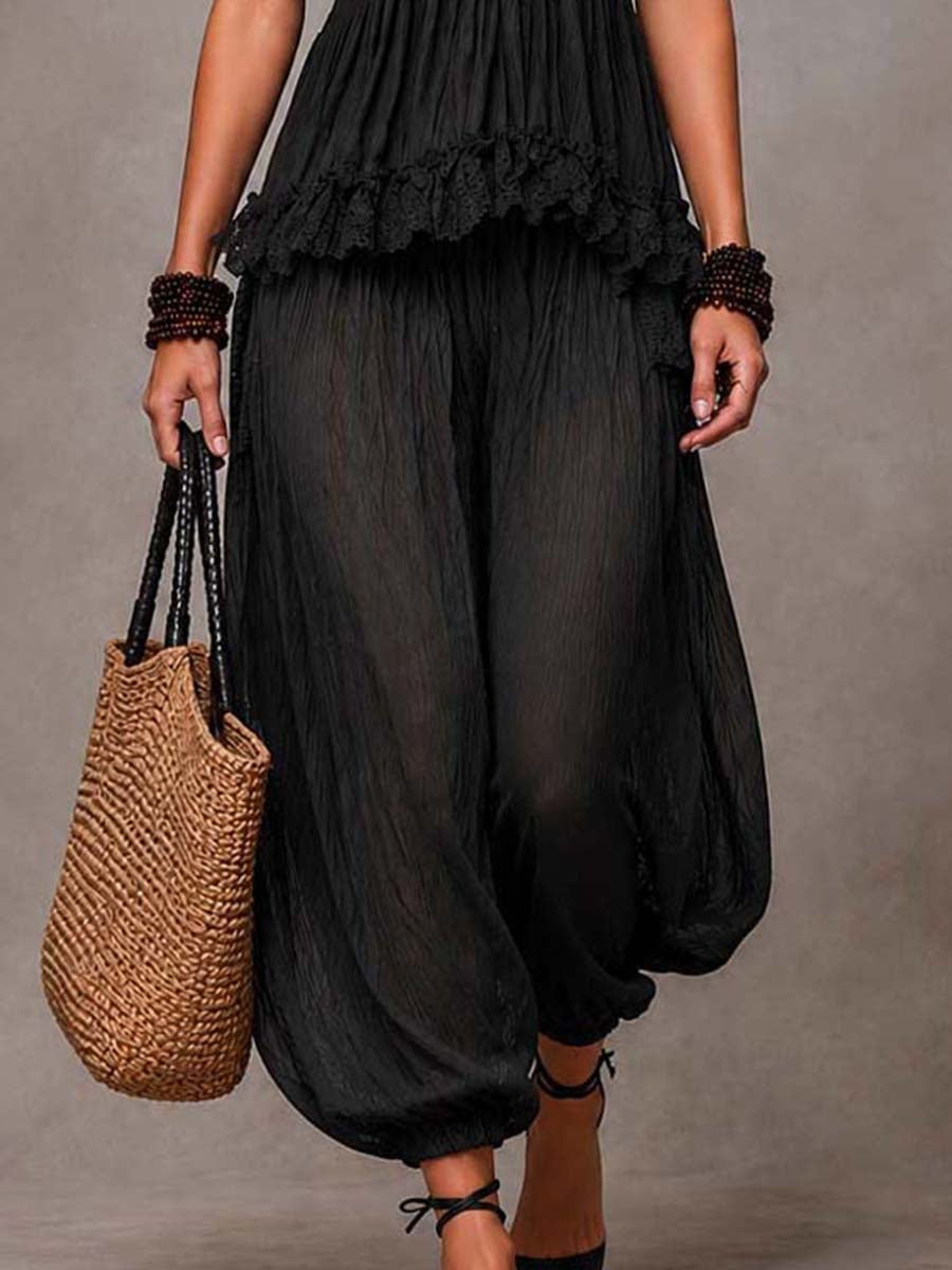 Black Bohemian V-Neck Lace Top and Harem Pants Set