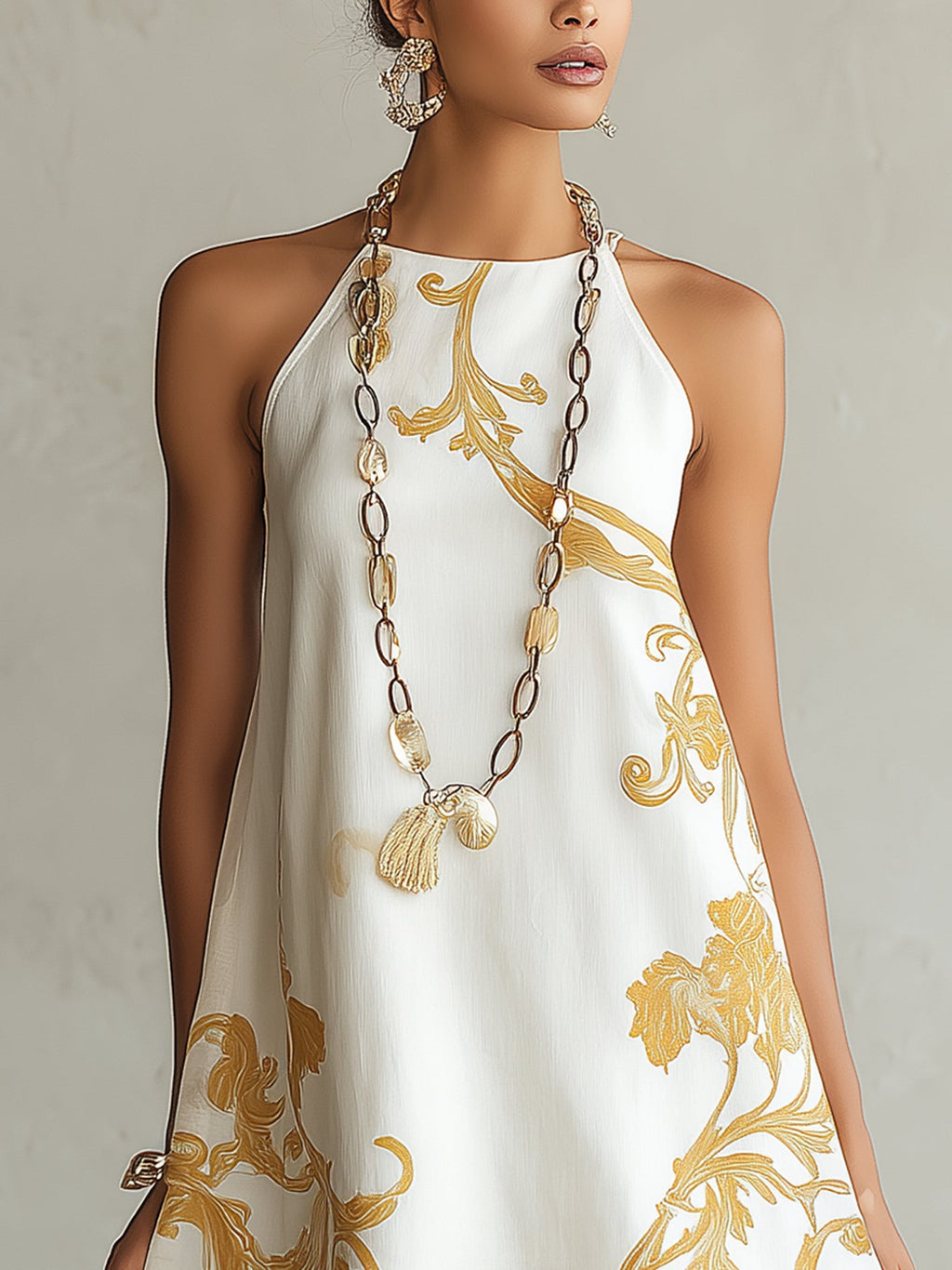 White Gold Printed Lace Trim Mini Dress