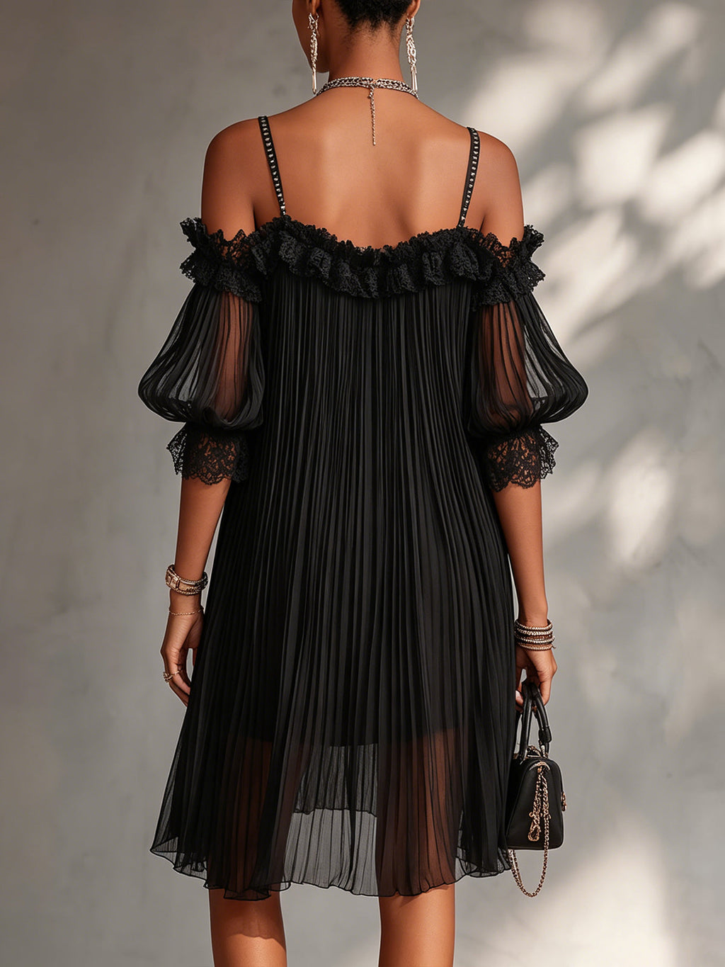 Black Off-Shoulder Chiffon Mini Dress with Lace Trim
