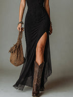Boho Black Front Slit One-shoulder Maxi Dress With Side-split Hem