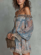 Romantic Floral Off-Shoulder Ruched Chiffon Mini Dress