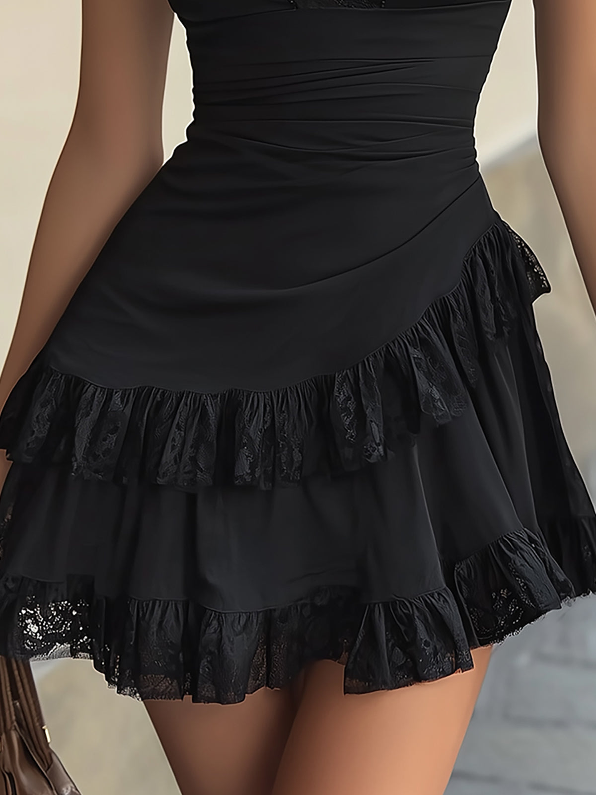 Black Lace V Neck Ruffle Hem Mini Dress