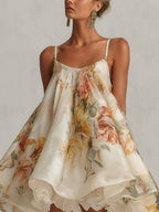 Beige floral organza A-line mini dress with lace trim