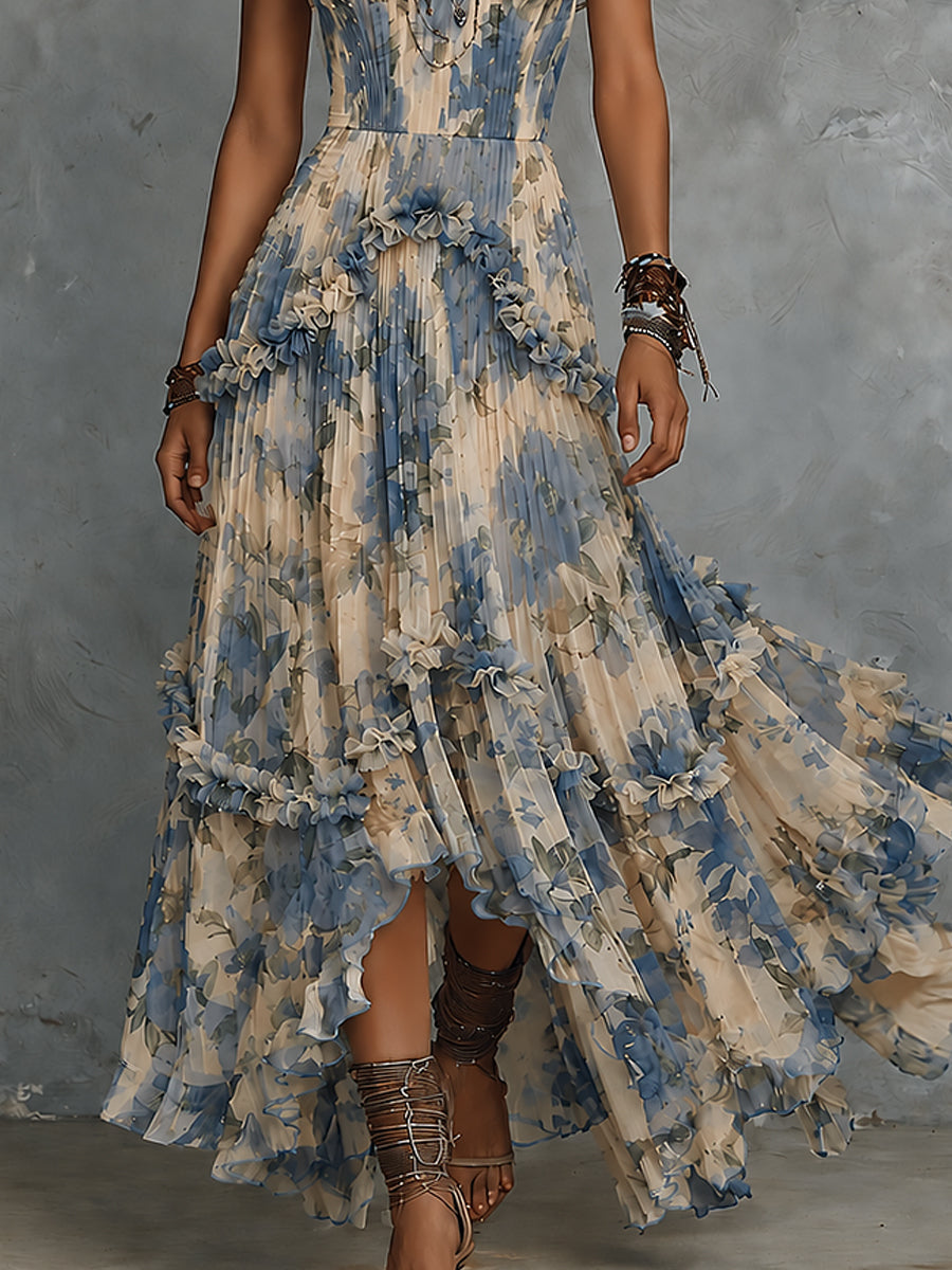 Elegant strapless printed chiffon maxi dress with  ruffles