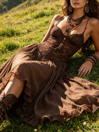 Dark Brown Lace-Paneled Chiffon Maxi Dress