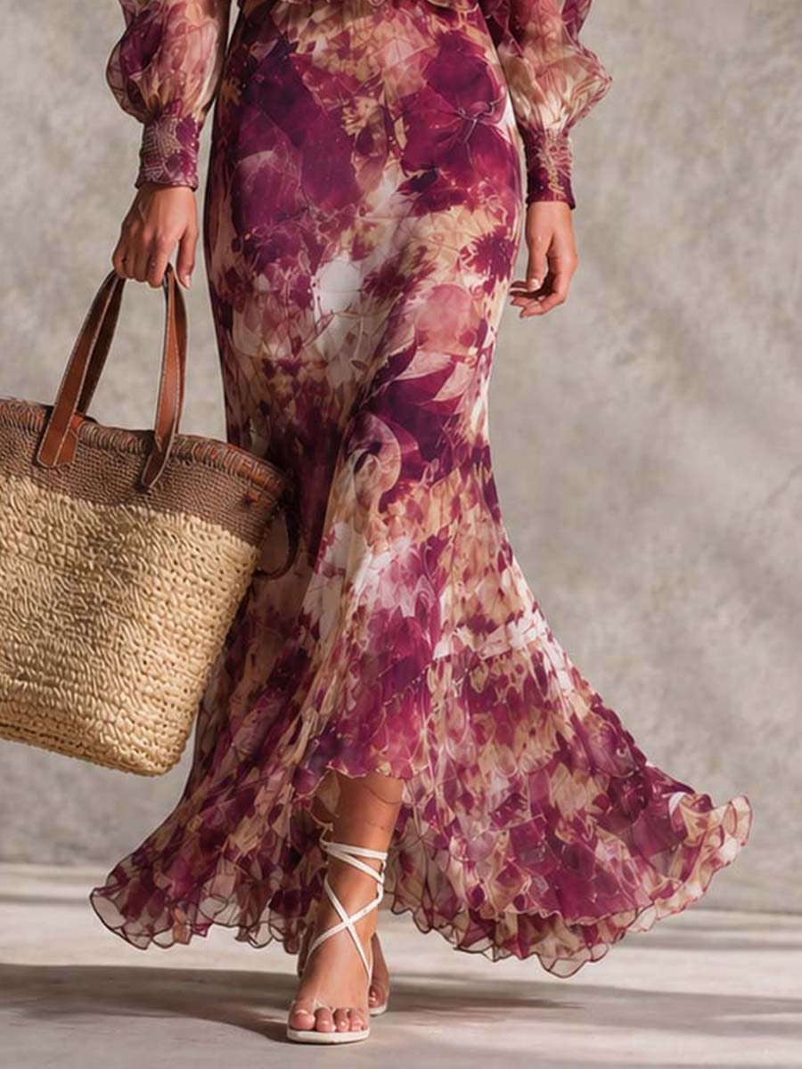 Rose Pink Floral Off-Shoulder Chiffon Maxi Dress