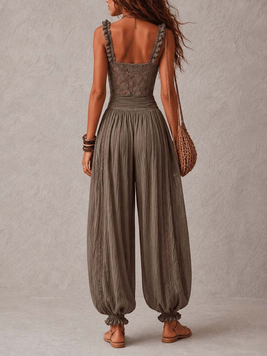Grey Lace Bandeau and Pleated Cotton Harem Pants Set