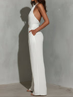 White Faux Cotton-Linen Halter-Neck Sleeveless Jumpsuit