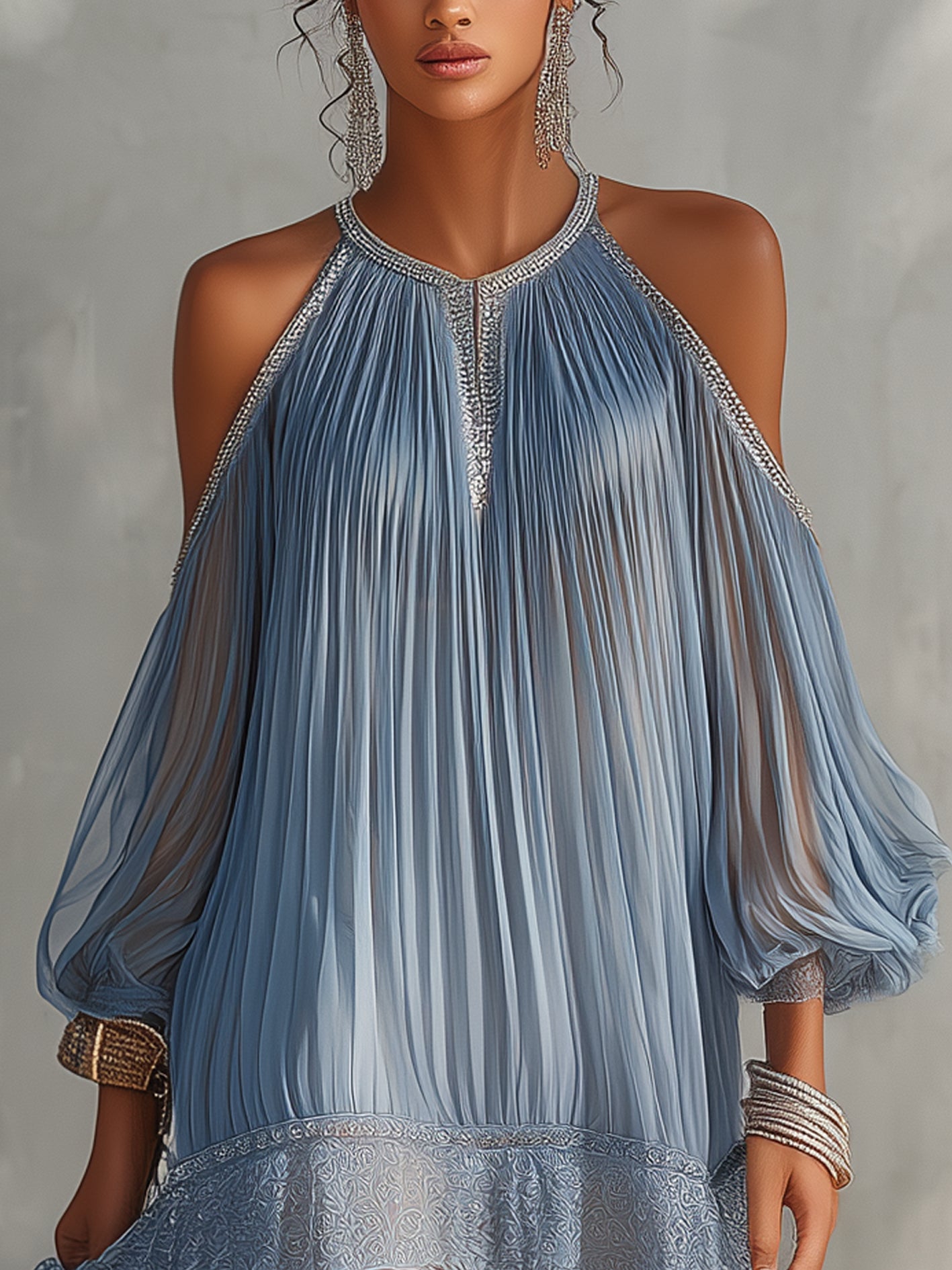 Blue Off-Shoulder Ruched Mini Dress with Lace Hem