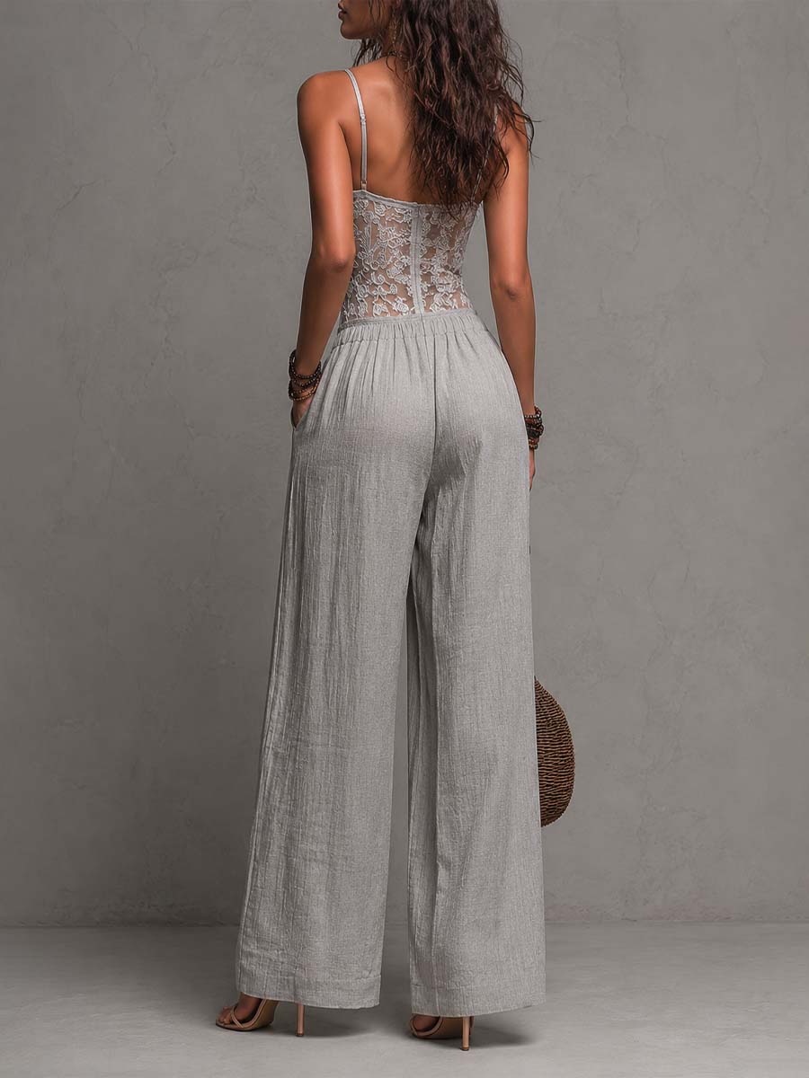Bohemian Grey Lace-Trimmed Pleated Wide-Leg Jumpsuit