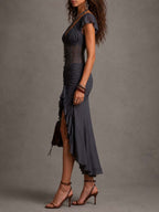 Dark Grey Pleated Lace Midi Dress