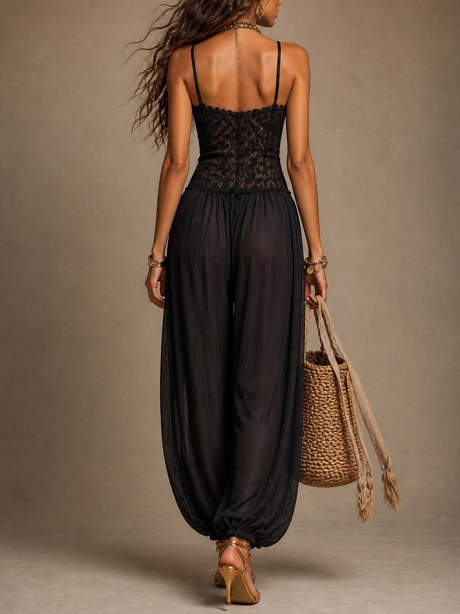 Black Lace and Chiffon Spaghetti-Strap Harem Jumpsuit