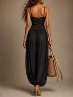 Black Lace and Chiffon Spaghetti-Strap Harem Jumpsuit