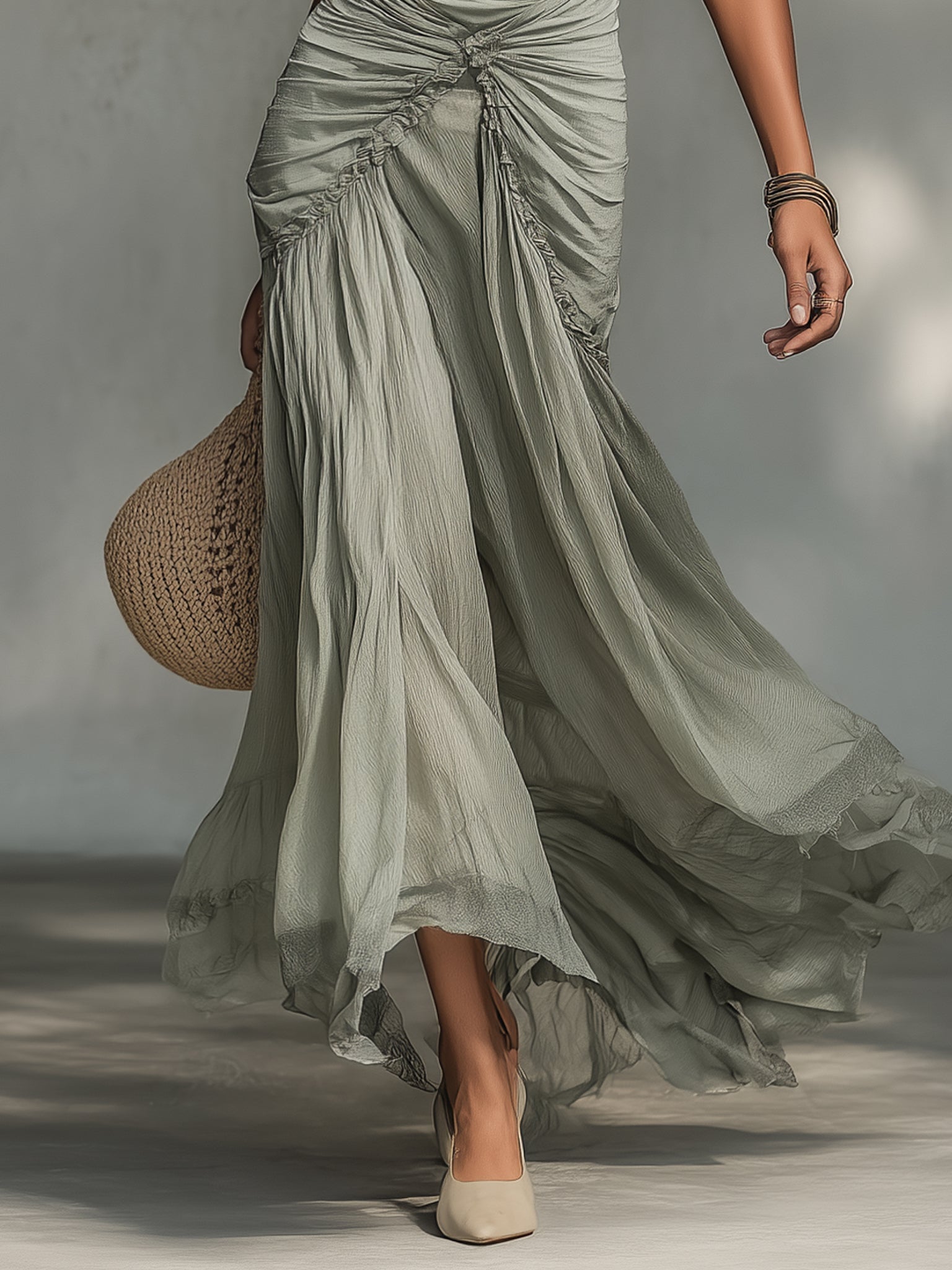Grey Stretch Fabric And Chiffon Maxi Dress