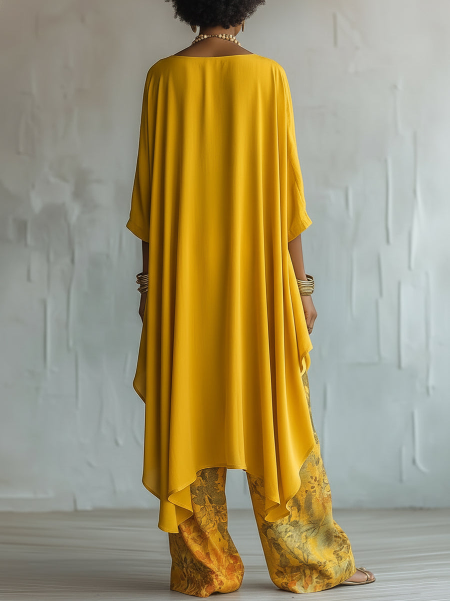 Yellow Asymmetrical Top and Floral Wide-Leg Pants Set