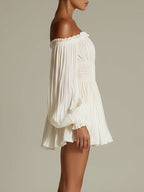 White off-shoulder ruched smocked-waist mini dress
