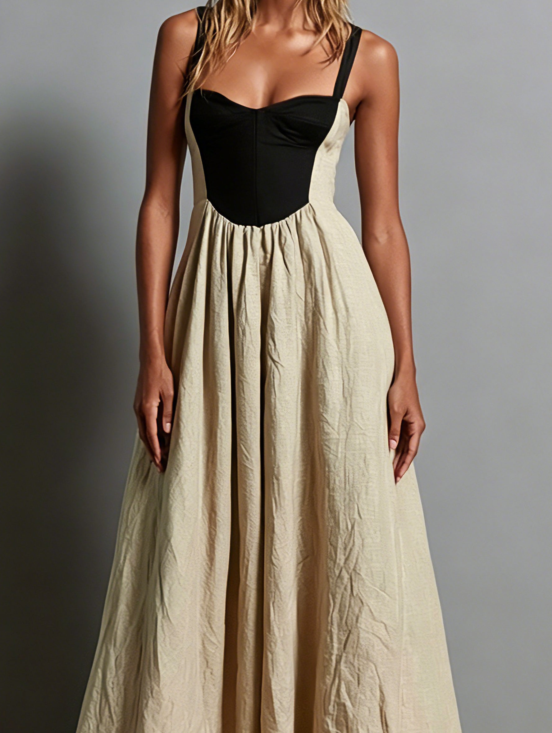 Khaki Sleeveless Maxi Dress with Square Neck and Color-Block Paneling
