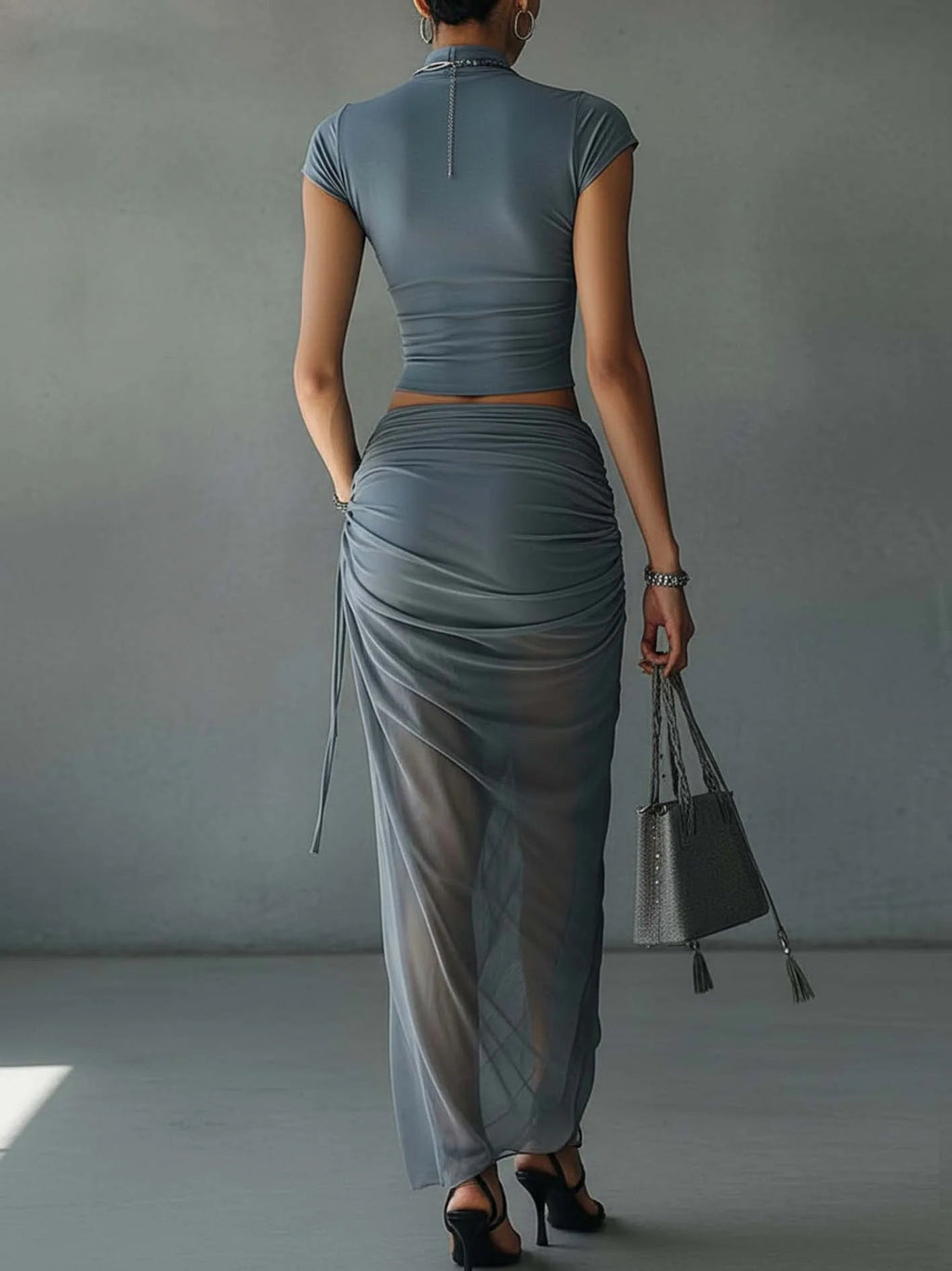Blue Cropped T-Shirt and Sheer Mesh Draped Skirt Set
