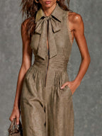 Vintage tie-neck sleeveless wide-leg jumpsuit with lace trim