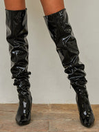 PU Leather Over-the-knee High-heeled Pleated Boots