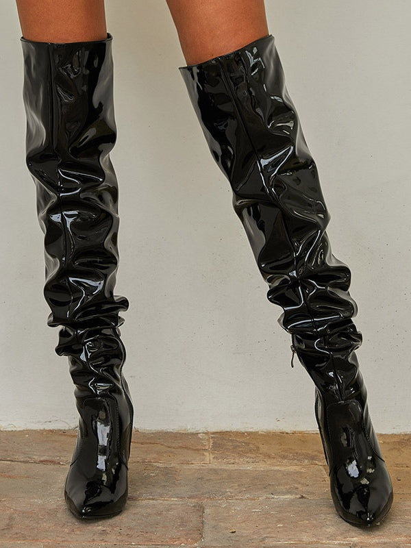 PU Leather Over-the-knee High-heeled Pleated Boots