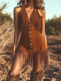 Western Brown Suede Fringe Sleeveless Mini Dress