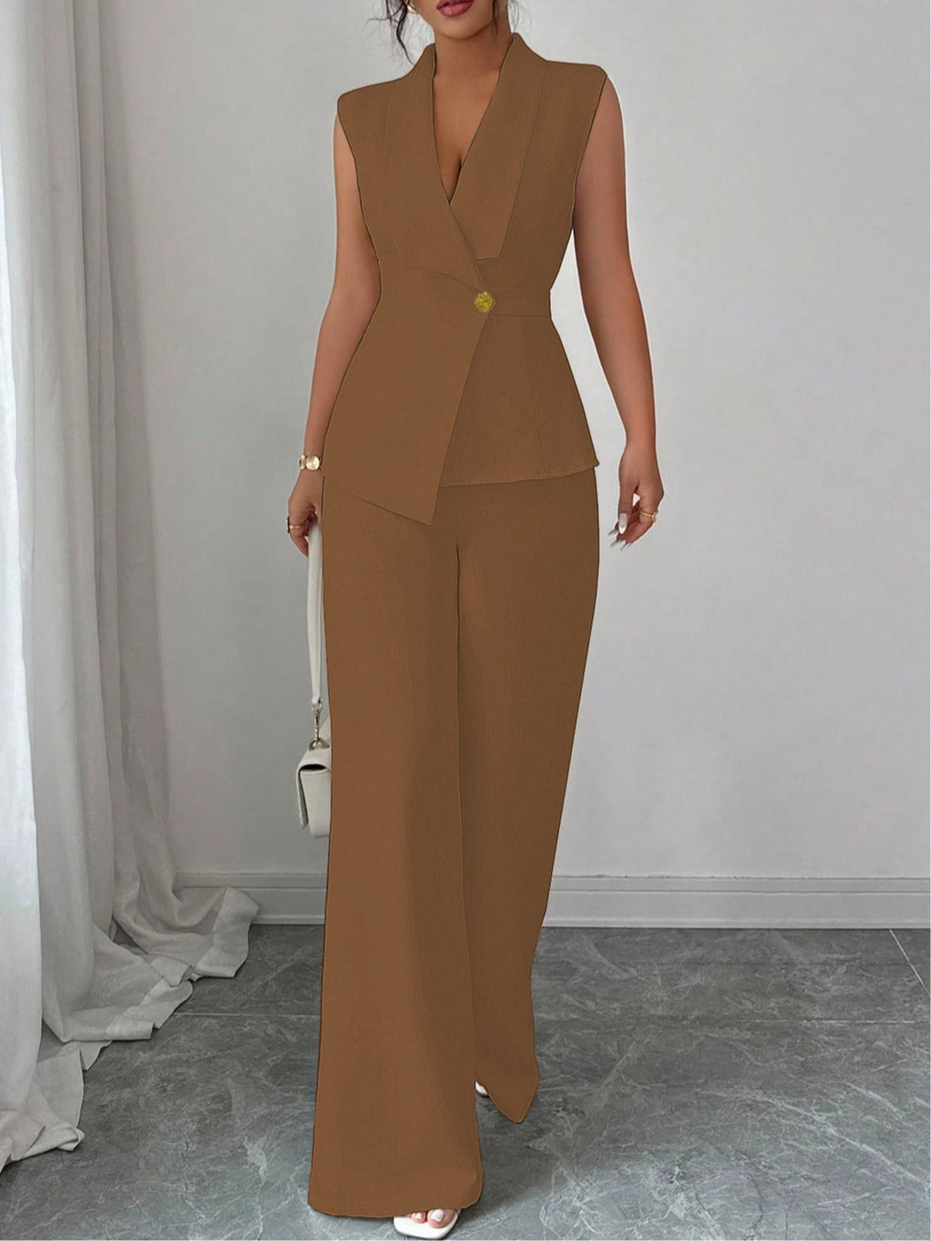 Women's Elegant Solid-Color Vest and Straight-Leg Trouser Set
