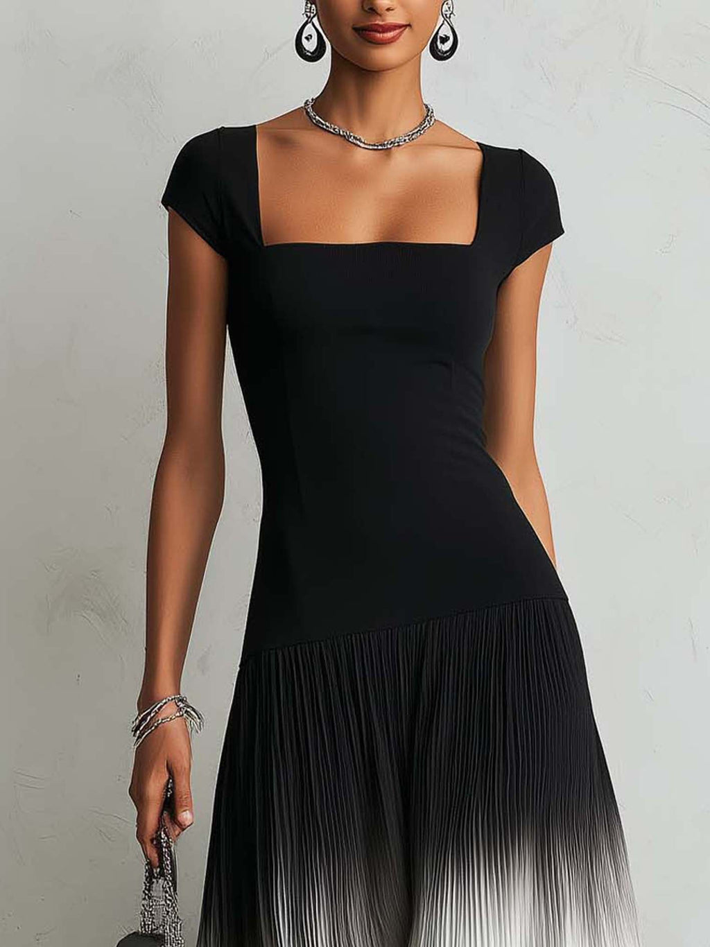 Black square-neck maxi dress with a gradient hem