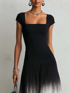 Black square-neck maxi dress with a gradient hem