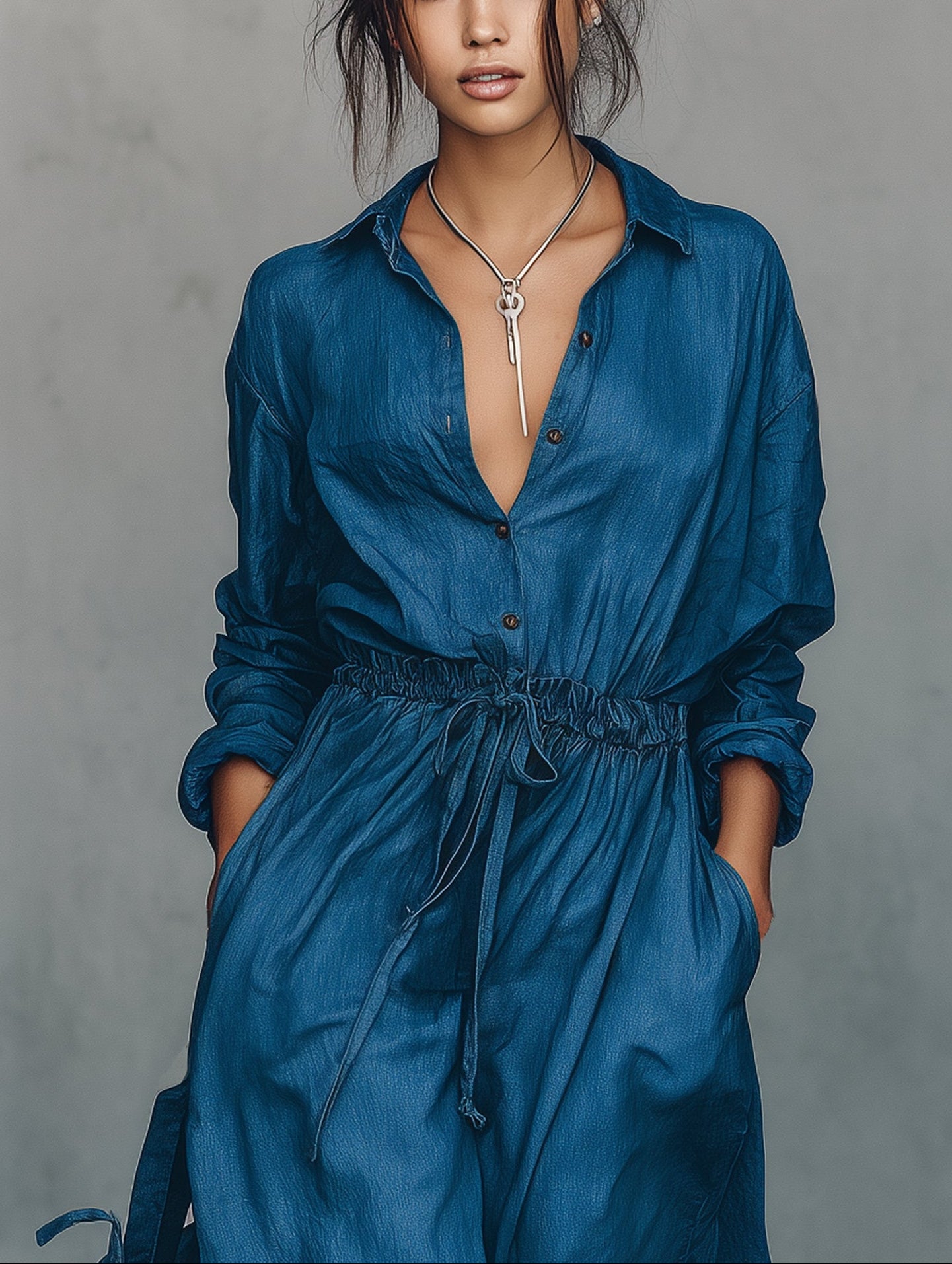 Minimalist Linen-Blend Long-Sleeve Maxi Dress with Drawstring Waist