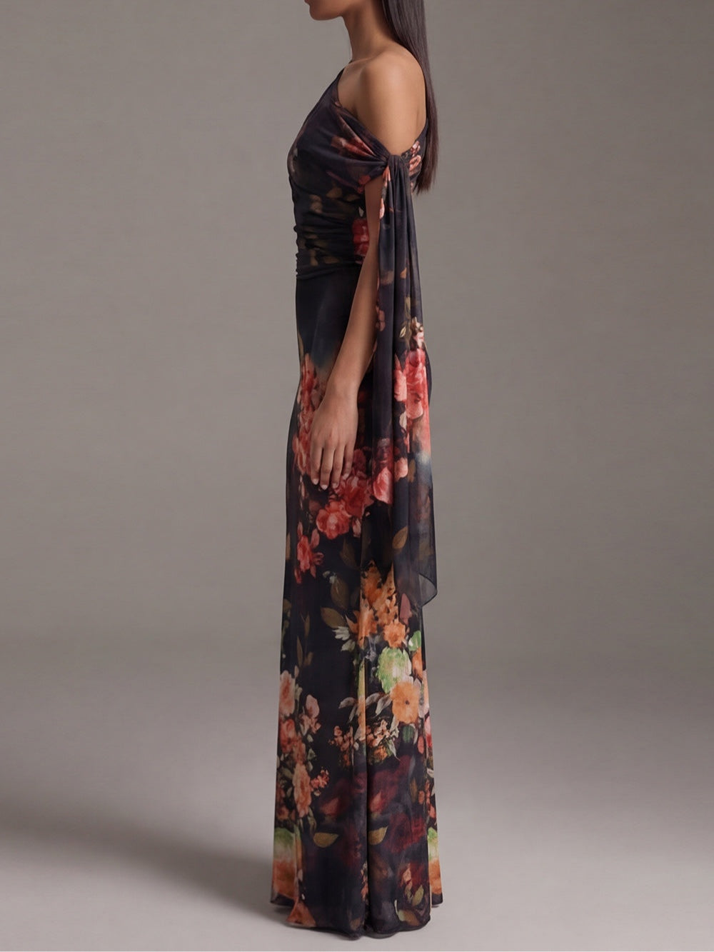 Black One-Shoulder Printed Pleated Chiffon Maxi Dress