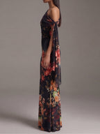 Black One-Shoulder Printed Pleated Chiffon Maxi Dress
