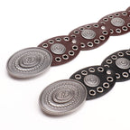 Oval stitching waist belt with large round pattern alloy buckle