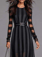 Gothic Striped Mesh Long-Sleeve Maxi Dress(Belt included)