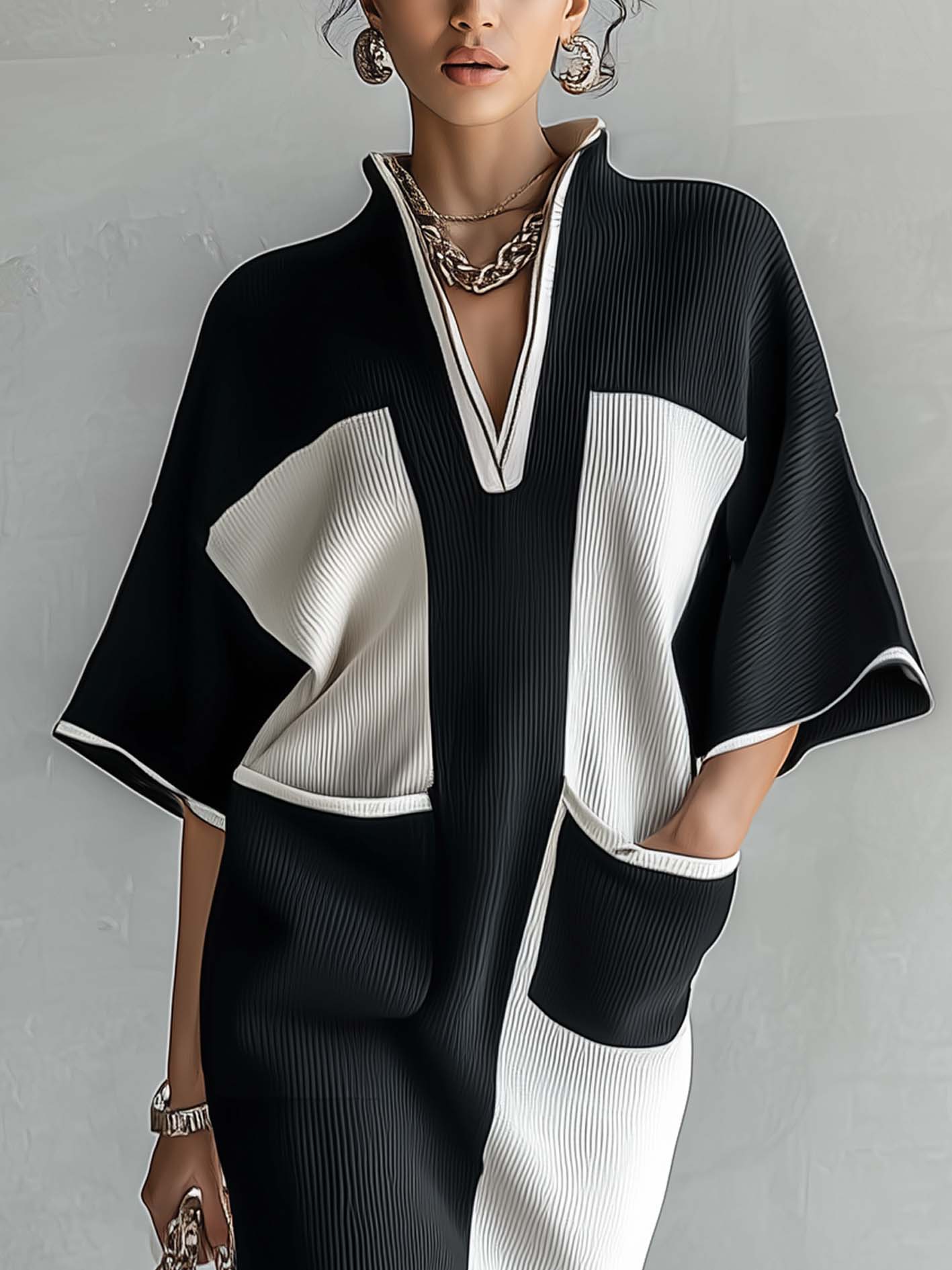 Black and white color-block midi dress with batwing sleeves