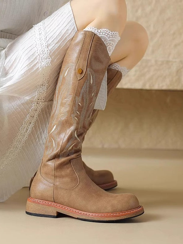 Brown embroidered back zipper long boots